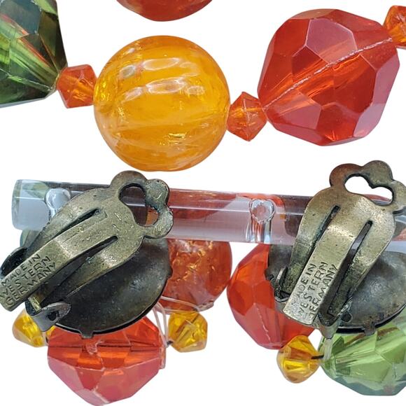 Vintage West Germany Acrylic Bead Necklace Earrings Set Orange Green Retro 1960s - Picture 4 of 10